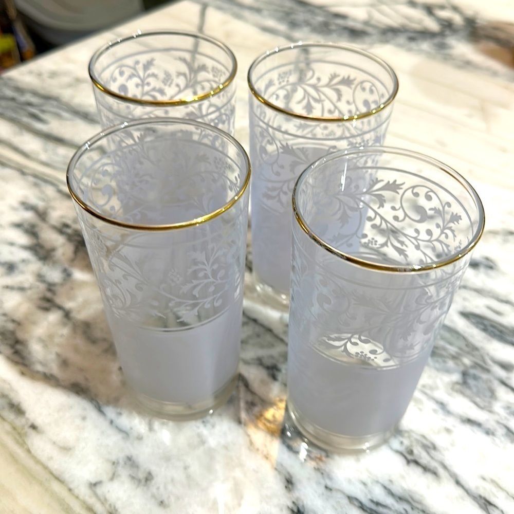 Vintage MCM Libby gold rimmed frosted vine pattern glass tumblers/Collins set 4